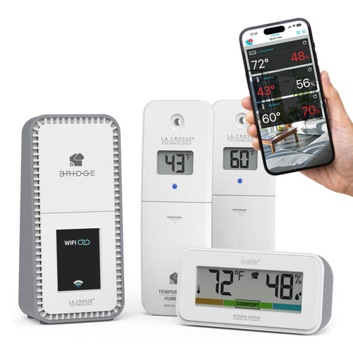 Temp Tracker alert and monitoring system offers the ability to monitor multiple areas of your home inside and out with 2 temp andhumidity sensors and an decorative indoor temp and humidity display with comfort meter the sensors work with the Bridge gateway and the La Crosse View app