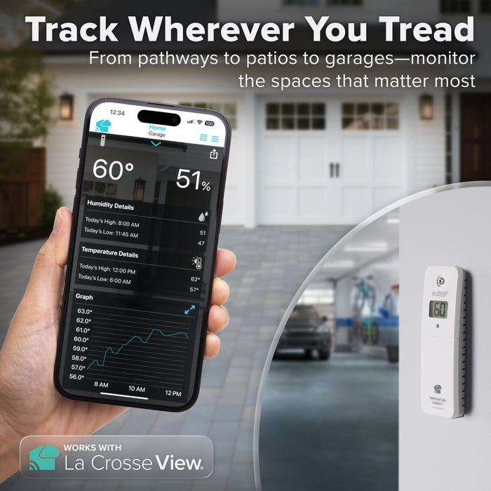 Alert and monitoring system digital temperature and humidity sensor for wi-fi weather stations and gateways that has an LCD display that shows a reading of 60 degrees Fahrenheit in a garage and a smart phone showing the reading of the temperature and humidity and a graph of data points from the sensor readings