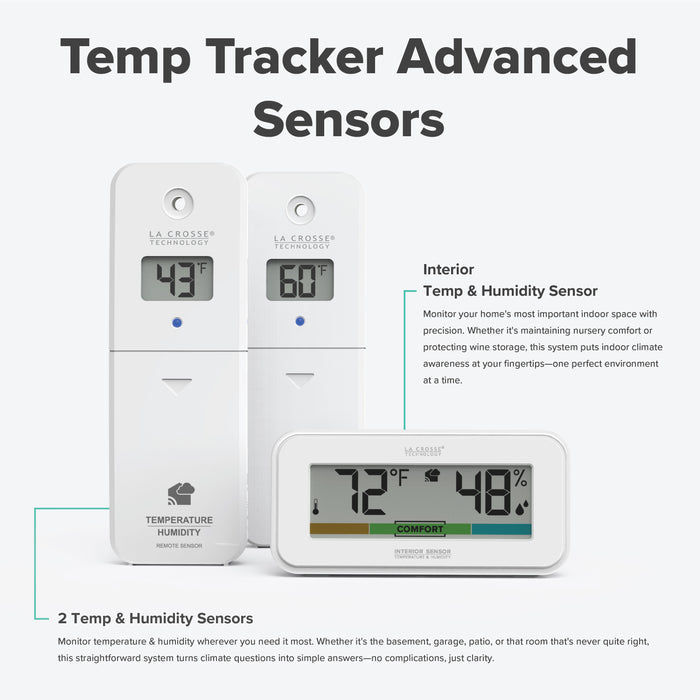image of the Temp Tracker alert and monitoring system offers the ability to monitor multiple areas of your home inside and out with 2 temp andhumidity sensors and an decorative indoor temp and humidity display with comfort meter the sensors work with the Bridge gateway and the La Crosse View app with additinal feature text