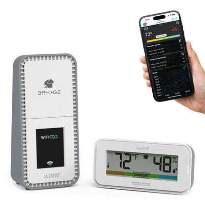 Temp tracker alert and monitoring system offers the ability to monitor an area inside your home with a temperature and humidity sensor featuring a decorative display with a comfort meter that combines with the Bridge gateway and the La Crosse View app