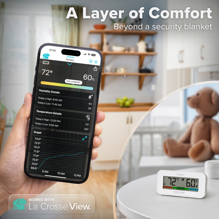 Alert and monitoring system interior temperature and humidity sensor comfort meter for wi-fi weather stations and gateways that has an LCD display that shows a reading of 72 degrees Fahrenheit and 60 percent humidity with a color coded comfort meter in a nursery on a table and a smart phone showing the readings and the color comfort meter with a graph of data points from the sensor readings