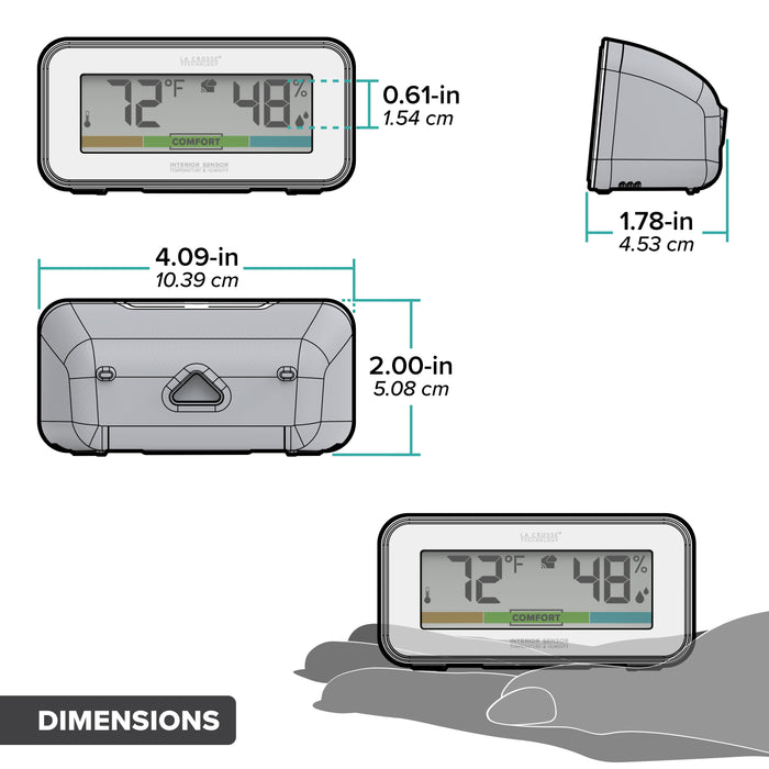 Drawing of an indoor temperature and humidity display with color comfort meter showing dimensions front view, back view, sideview and screen size in inches and centimeters