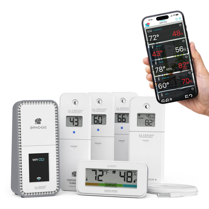 Temp Tracker alert and monitoring system offers the ability to monitor multiple areas of your home inside and out with 3 temp and humidity sensors, a temperature probe cable sensor, and an decorative indoor temp and humidity display with comfort meter, all sensors work with the Bridge gateway and the La Crosse View app