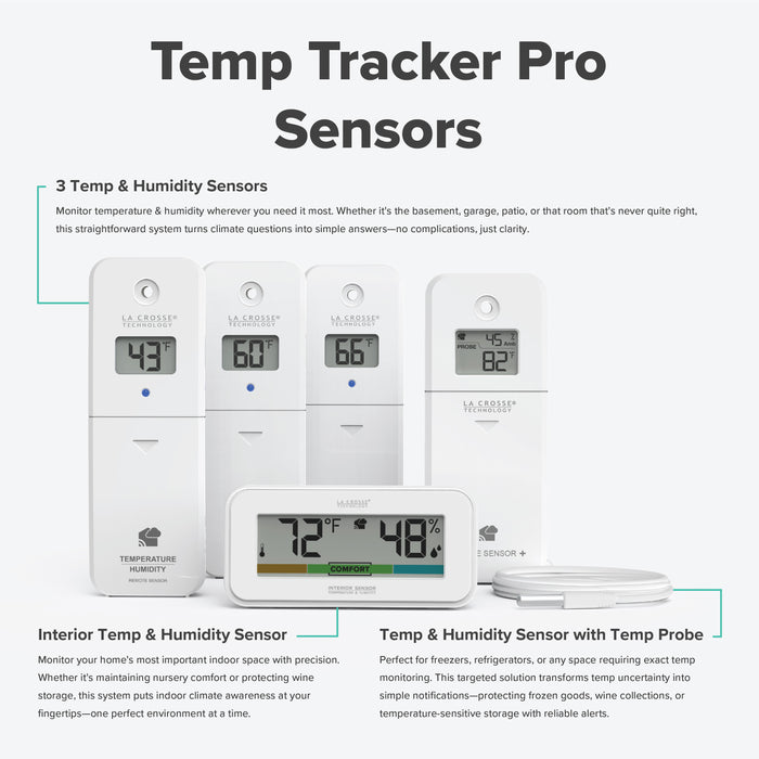 image of the Temp Tracker alert and monitoring system offers the ability to monitor multiple areas of your home inside and out with 3 temp and humidity sensors, a temperature probe cable sensor, and an decorative indoor temp and humidity display with comfort meter, all sensors work with the Bridge gateway and the La Crosse View app with additional feature text