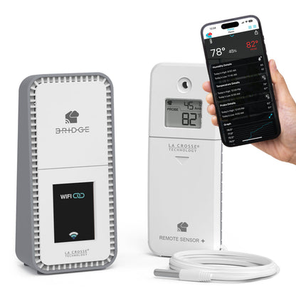 Temp Tracker alert and monitoring system offers the ability to monitor those hard to reach places with a cabled temperature probe sensor that is combined with the Bridge gateway and the La Crosse View app to set alerts and monitor conditions