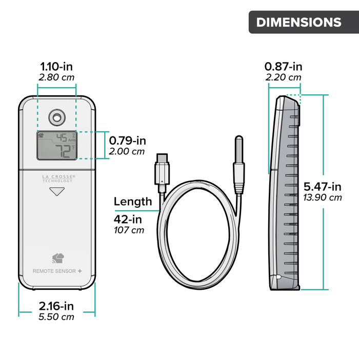 Drawing of an alert and monitoring system temperature probe sensor with ambient temperature and humidity showing a front and side view of the sensor and an arial view of the temperature probe with dimensions in inches and centimeters