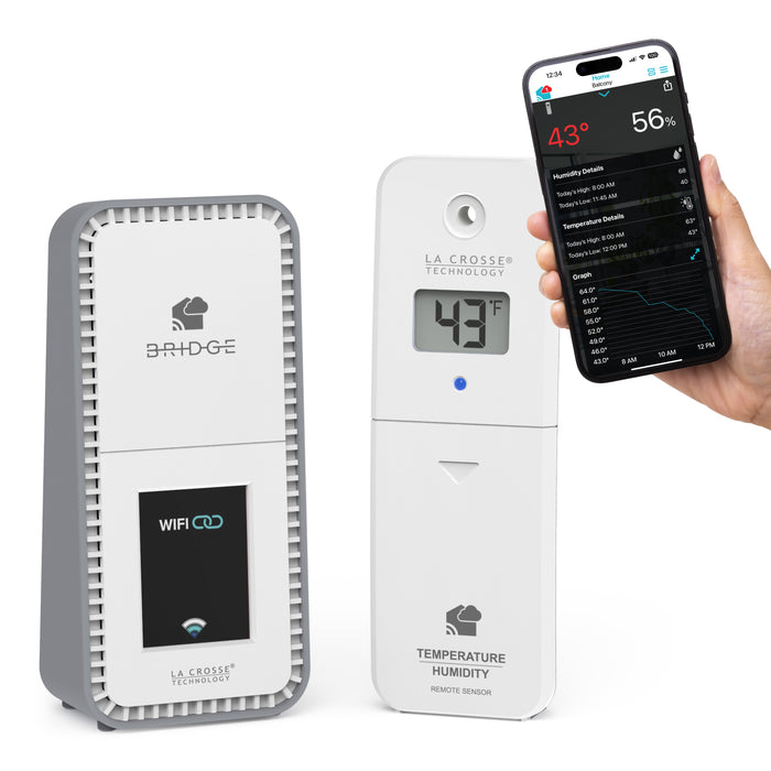 Temp tracker alert and monitoring system offers the ability to monitor an area inside or outside your home with a temperature and humidity sensor that combnes with the Bridge gateway and the La Crosse View app