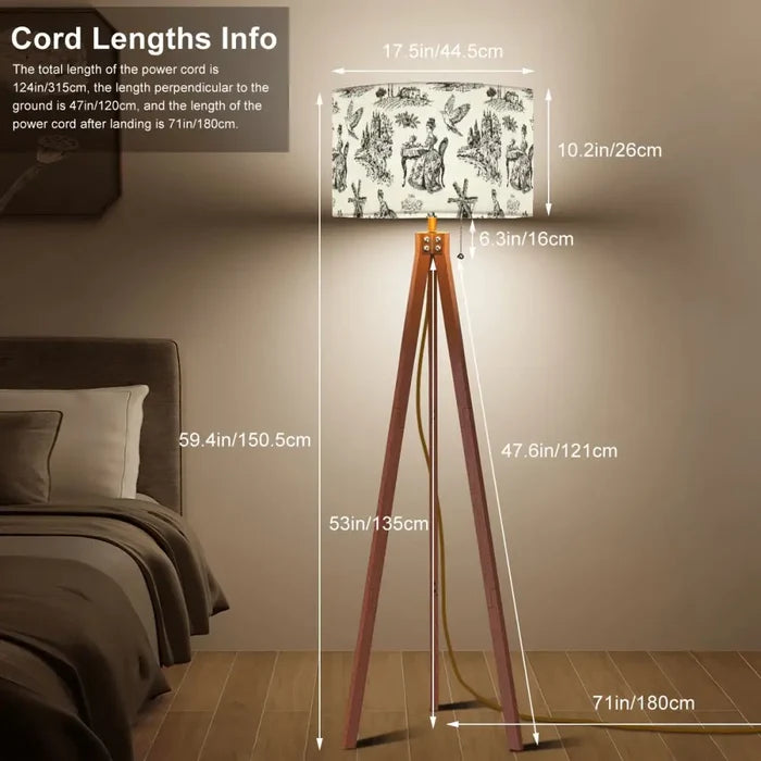 Toile de Jouy Retro Wooden Tripod Floor Lamp: French Vintage Linen Shade - retro floor lamps