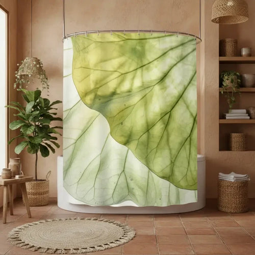 Translucent Green Leaf Vein Shower Curtain: Pastel Botanical Home Decor - retro bathroom