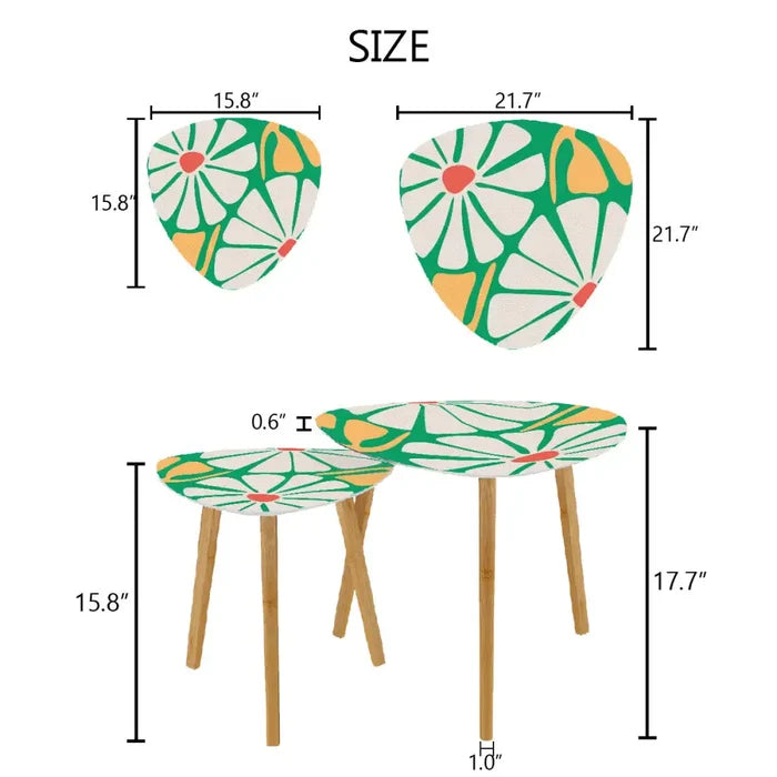 Triangle 60s Retro Tripod Nesting Table Set Daisies on Green - One Size - retro nesting tables