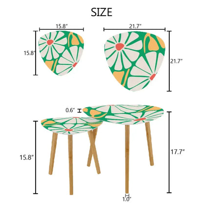 Triangle 60s Retro Tripod Nesting Table Set Daisies on Green - One Size - retro nesting tables