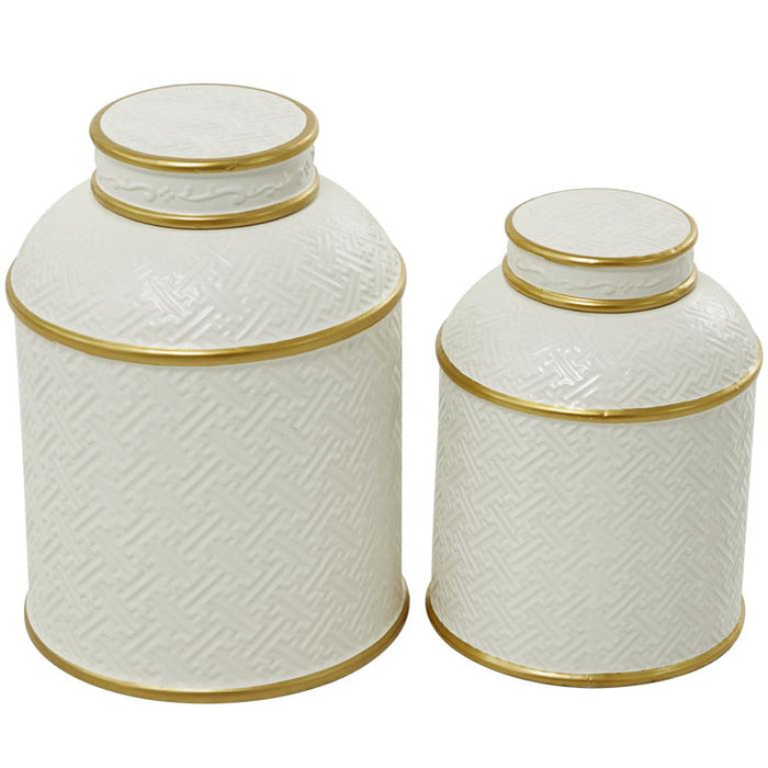 WHITE CERAMIC DECORATIVE JARS WITH GOLD ACCENTS,