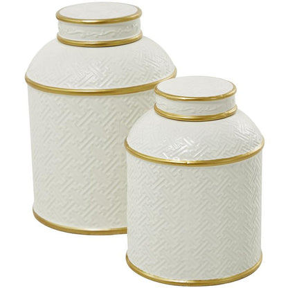WHITE CERAMIC DECORATIVE JARS WITH GOLD ACCENTS,