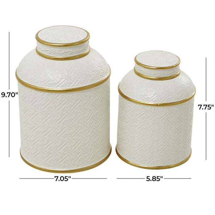 WHITE CERAMIC DECORATIVE JARS WITH GOLD ACCENTS,
