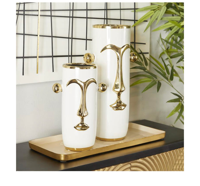 WHITE CERAMIC FACE VASE WITH GOLD DETAILS