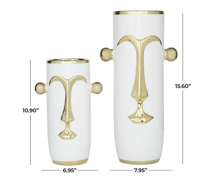 WHITE CERAMIC FACE VASE WITH GOLD DETAILS