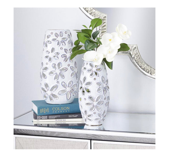 WHITE CERAMIC FLORAL HANDMADE DAISY CUT OUT VASE