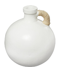 WHITE CERAMIC JUG INSPIRED VASE WITH RATTAN WRAPPED HANDLE, 9" X 9" X 11"