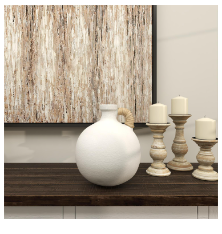 WHITE CERAMIC JUG INSPIRED VASE WITH RATTAN WRAPPED HANDLE, 9" X 9" X 11"