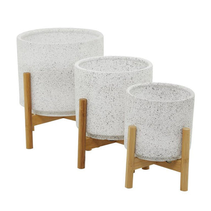 WHITE CERAMIC PLANTER WITH REMOVABLE WOOD STAND