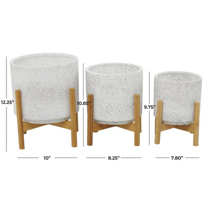 WHITE CERAMIC PLANTER WITH REMOVABLE WOOD STAND
