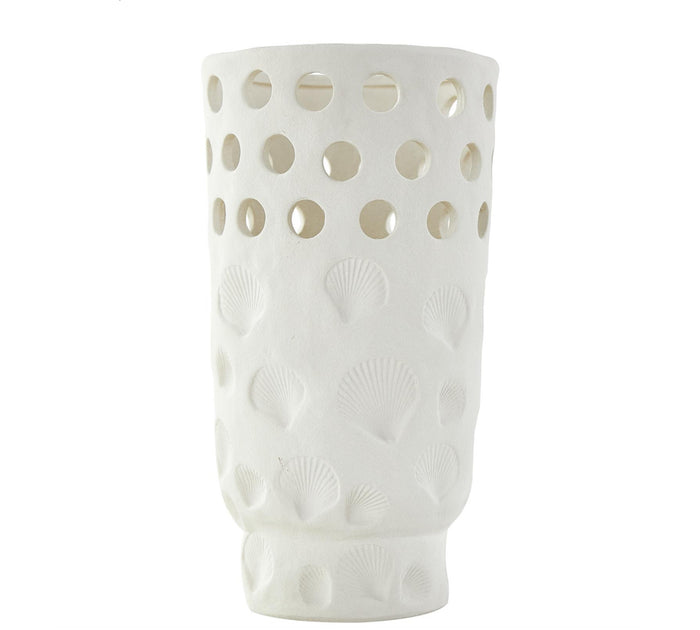 WHITE CERAMIC SHELL VASE WITH CIRCULAR CUTOUTS, 7" X 7" X 13