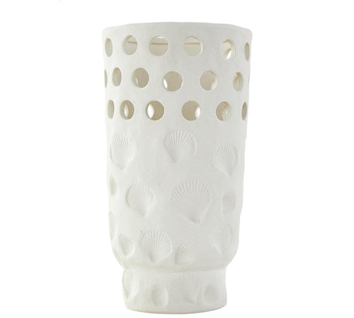 WHITE CERAMIC SHELL VASE WITH CIRCULAR CUTOUTS, 7" X 7" X 13