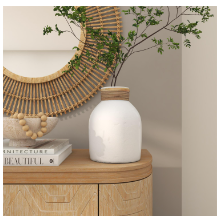 WHITE CERAMIC VASE WITH WRAPPED RATTAN DETAILING, 8" X 8" X 11"