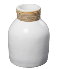 WHITE CERAMIC VASE WITH WRAPPED RATTAN DETAILING, 8" X 8" X 11"