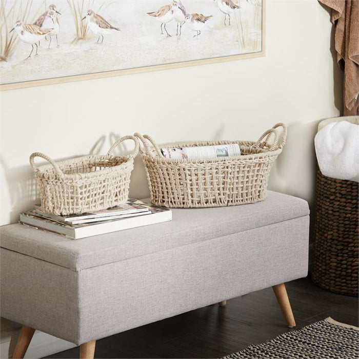 WHITE COTTON HANDMADE STORAGE BASKET WITH HANDLES