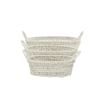 WHITE COTTON HANDMADE STORAGE BASKET WITH HANDLES