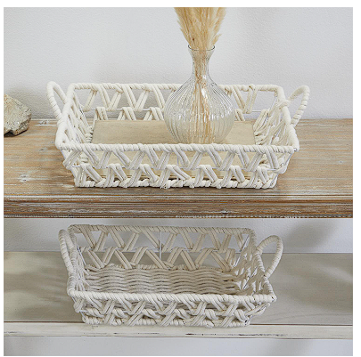 WHITE COTTON HANDMADE WOVEN STORAGE BASKET WITH HANDLES
