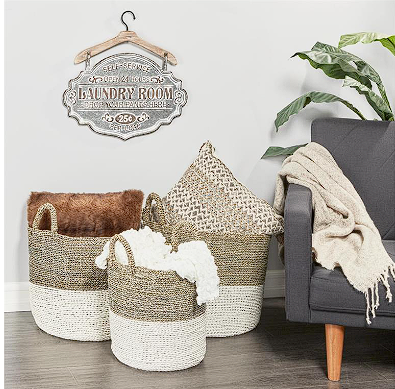 WHITE DRIED PLANT CONTEMPORARY STORAGE BASKET