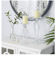 WHITE GLASS CANDLE HOLDER, SET OF 2 10", 13"H