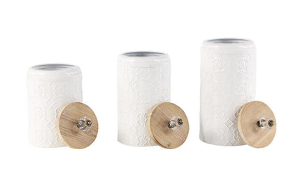WHITE METAL FLORAL DECORATIVE JARS WITH WOOD LIDS