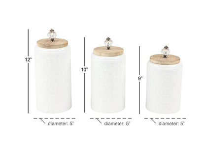 WHITE METAL FLORAL DECORATIVE JARS WITH WOOD LIDS