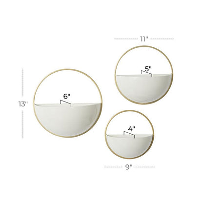 WHITE METAL GEOMETRIC INDOOR OUTDOOR ROUND WALL PLANTER