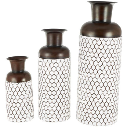 White Metal Tall Teardrop Shaped Decorative Vase with Brown Trumpet Tops