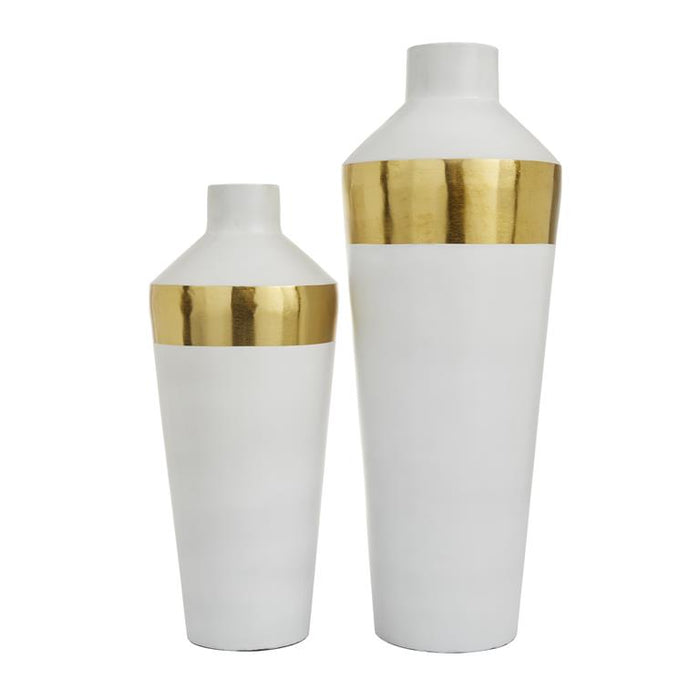 WHITE METAL VASE WITH GOLD BAND,