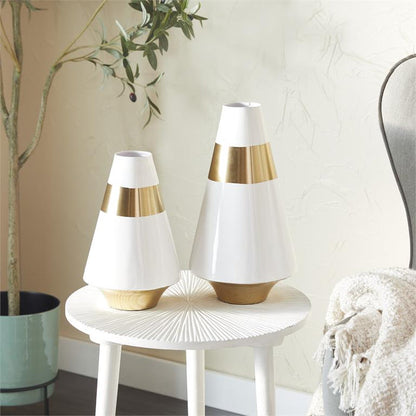 WHITE METAL VASE WITH GOLD BAND