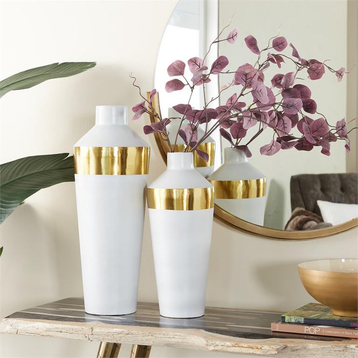 WHITE METAL VASE WITH GOLD BAND,