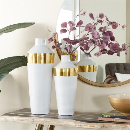 WHITE METAL VASE WITH GOLD BAND,