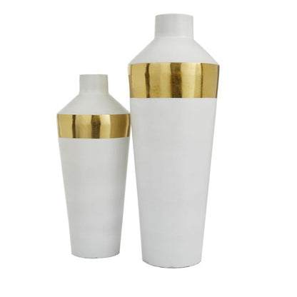 WHITE METAL VASE WITH GOLD BAND,