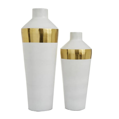 WHITE METAL VASE WITH GOLD BAND,