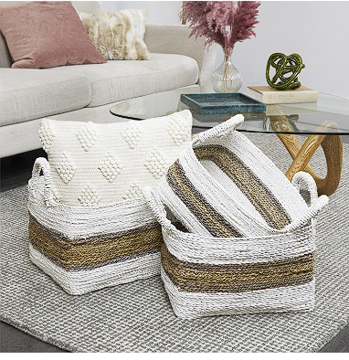 WHITE PLASTIC RATTAN HANDMADE TWO TONED STORAGE BASKET WITH HANDLES