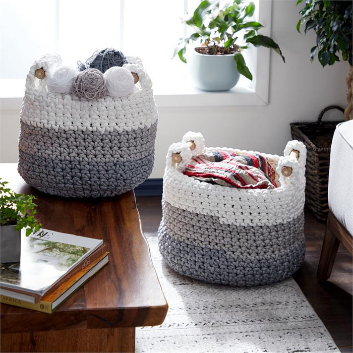 WHITE POLYESTER HANDMADE OMBRE EFFECT STORAGE BASKET WITH HANDLES