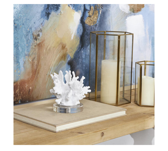 WHITE POLYSTONE CORAL SMALL TEXTURED SCULPTURE WITH CLEAR ACRYLIC BASE, 6" X 4" X 5"