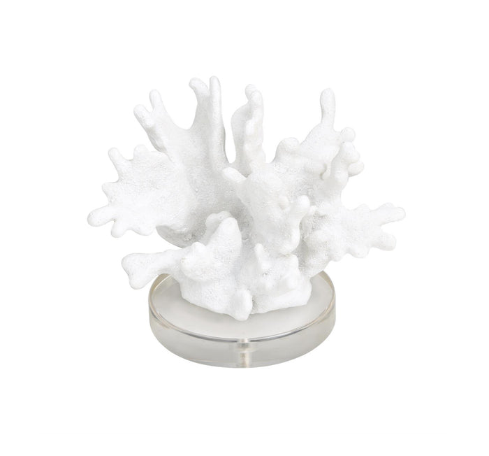 WHITE POLYSTONE CORAL SMALL TEXTURED SCULPTURE WITH CLEAR ACRYLIC BASE, 6" X 4" X 5"