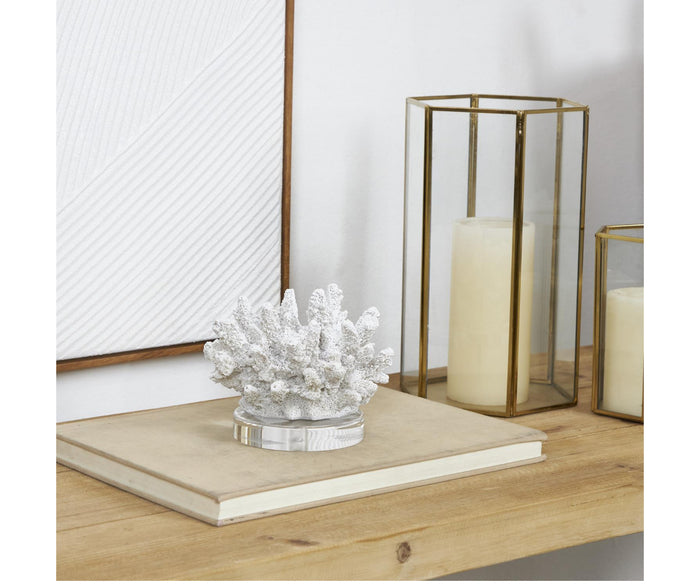 WHITE POLYSTONE CORAL SMALL TEXTURED SCULPTURE WITH CLEAR ACRYLIC BASE, 6" X 5" X 4"