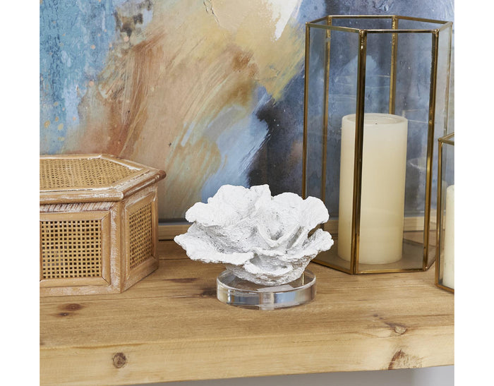 WHITE POLYSTONE CORAL SMALL TEXTURED SCULPTURE WITH CLEAR ACRYLIC BASE, 6" X 5" X 4"